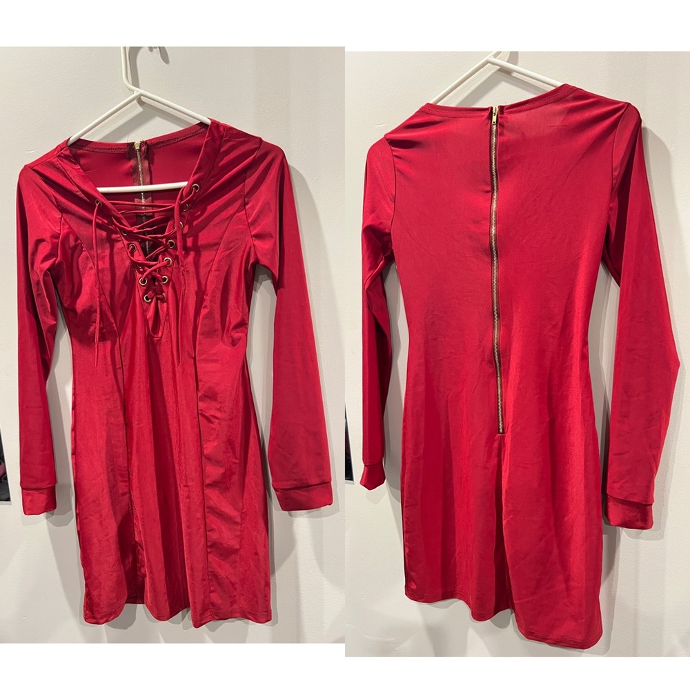Long Sleep Open Chest Red Dress